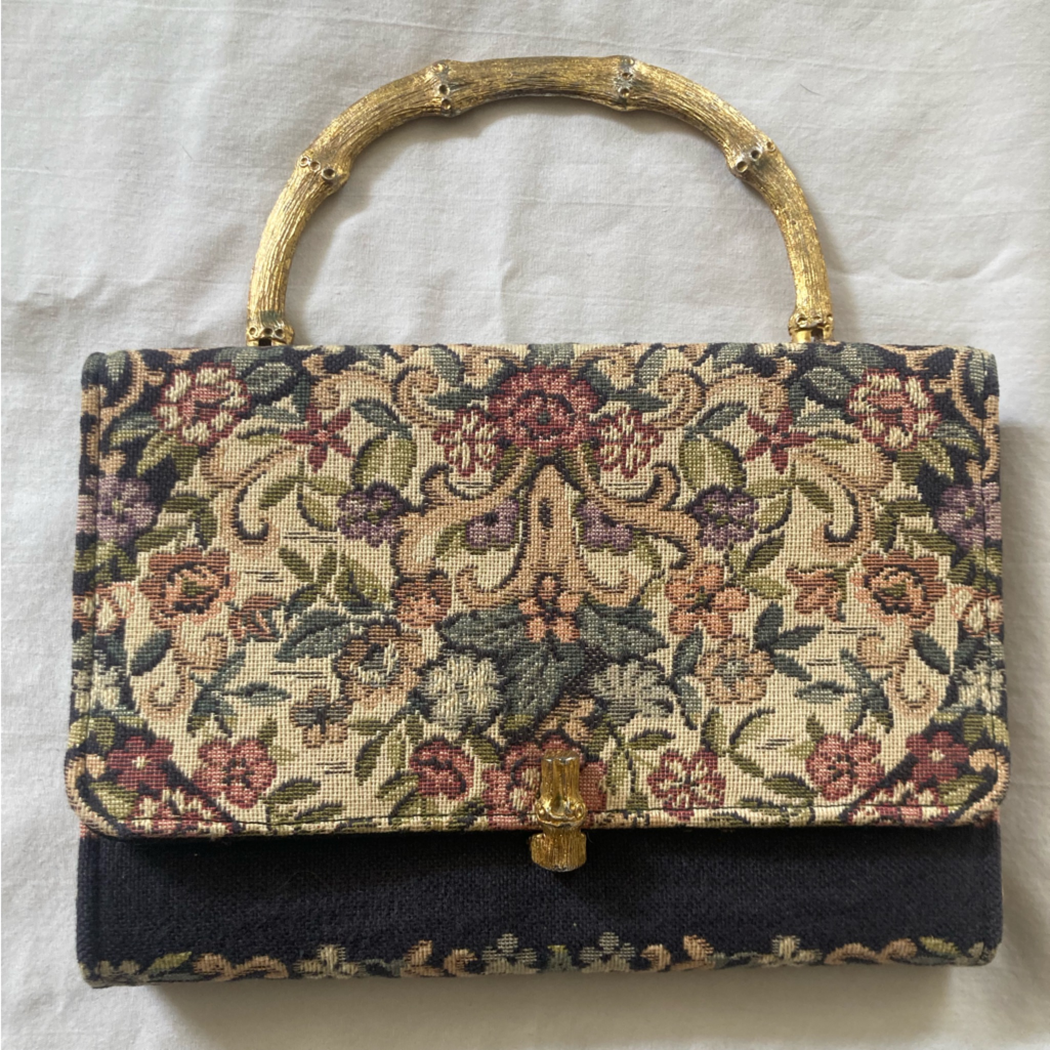 Vintage Floral Tapestry Clutch With Gold Handle